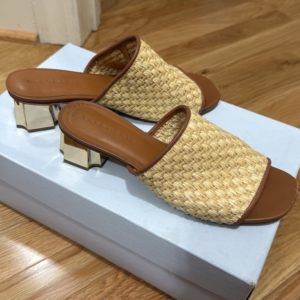 Clergerie Raffia slides with gold mirrored heels.